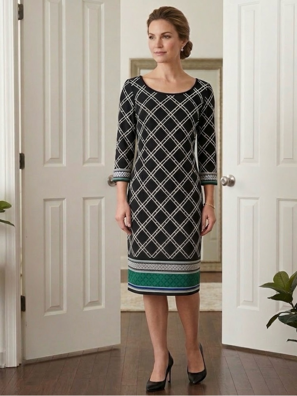 #104 Classic Black and Green Women's Dress by White House Black Market
